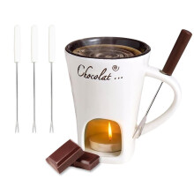 Chocolate Fondue Set Ceramic Mug with Forks for Effortless Melting and Dessert Creation White