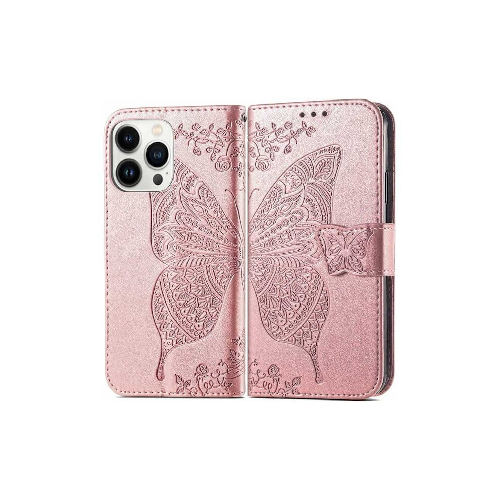Compatible With Iphone 14 Pro Max Wallet Case Pu Leather 4-Compartment Motif Butterfly Rose Gold 9377112445809