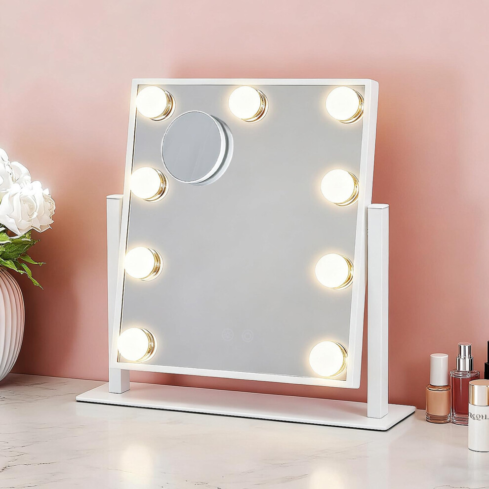 White Lighted Vanity Mirror With 9 Dimmable Led Bulbs, 3Color Lighting, 10X Magnification,