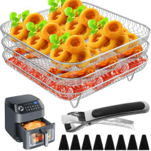 3 Layer Stackable 8 Inch Square Stainless Steel Air Fryer Rack with Silicone Feet and Clip