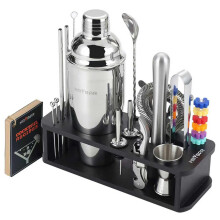 22Piece Cocktail Shaker Set with Bamboo Stand, 39 Recipe Cards, Stainless Steel Bartender Kit