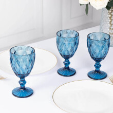 Set of 6 Ocean Blue Crystal Cut Wine Goblets 12oz Embossed Stemmed Elegant Cocktail Glasses