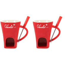 Chocolate Fondue Set, 2 Ceramic Fondue Mugs with Easy Clean Surface for Cheese, Caramel and Butter