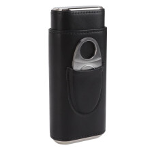 Leather Cigar Case with Cutter, Travel 3 Finger Holder, Glossy Soft WearResistant Black