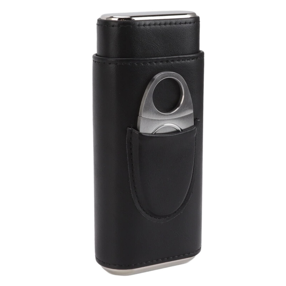 Black Leather Cigar Case With Cutter, Travel 3 Finger Holder, Glossy Soft Wearresistant