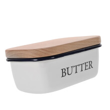 Enamel Butter Dish with Wooden Lid, Cheese Storage Container for Refrigerator, Keeps Dairy Fresh