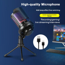 SUSUchens Gaming Microphone with Tripod Stand Noise Reduction RGB Breathing Light Design Gain Control Plug-Play Universal USB Microphone White