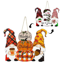 SUSUchens Thanksgiving Christmas Door Sign, Reversible Double-sided Fall Pumpkin Gnome Xmas Snowman Holiday Decoration, Indoor Outdoor Wooden Welcome