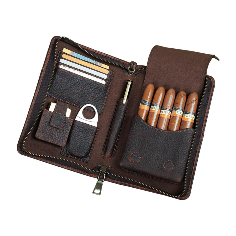 Portable Leather Cigar Travel Case with Cutter Slot, Magnetic Pocket and Removable Wrist Strap