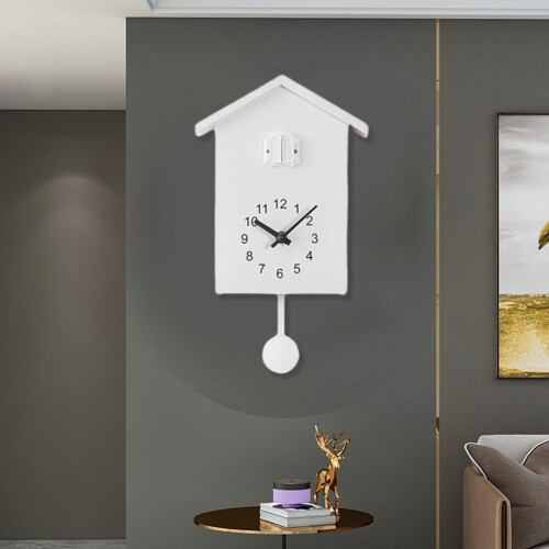 Battery Operated Cuckoo Clock with Pendulum, Adjustable Volume, Modern White Home Decor 2
