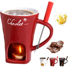 Chocolate Fondue Mug with Forks and Candle, Mini Fondue Set for Date Night, Party, Wedding Gifts Red