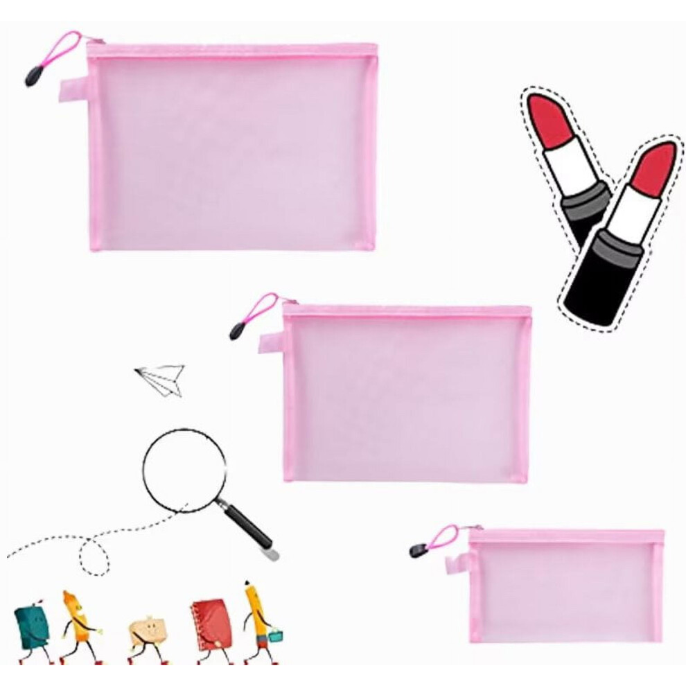 Pink Pack Of 3 Pcs Multipurpose Nylon Mesh Cosmetic Bag Makeup Travel Cases Pencil Case Travel Organizers,