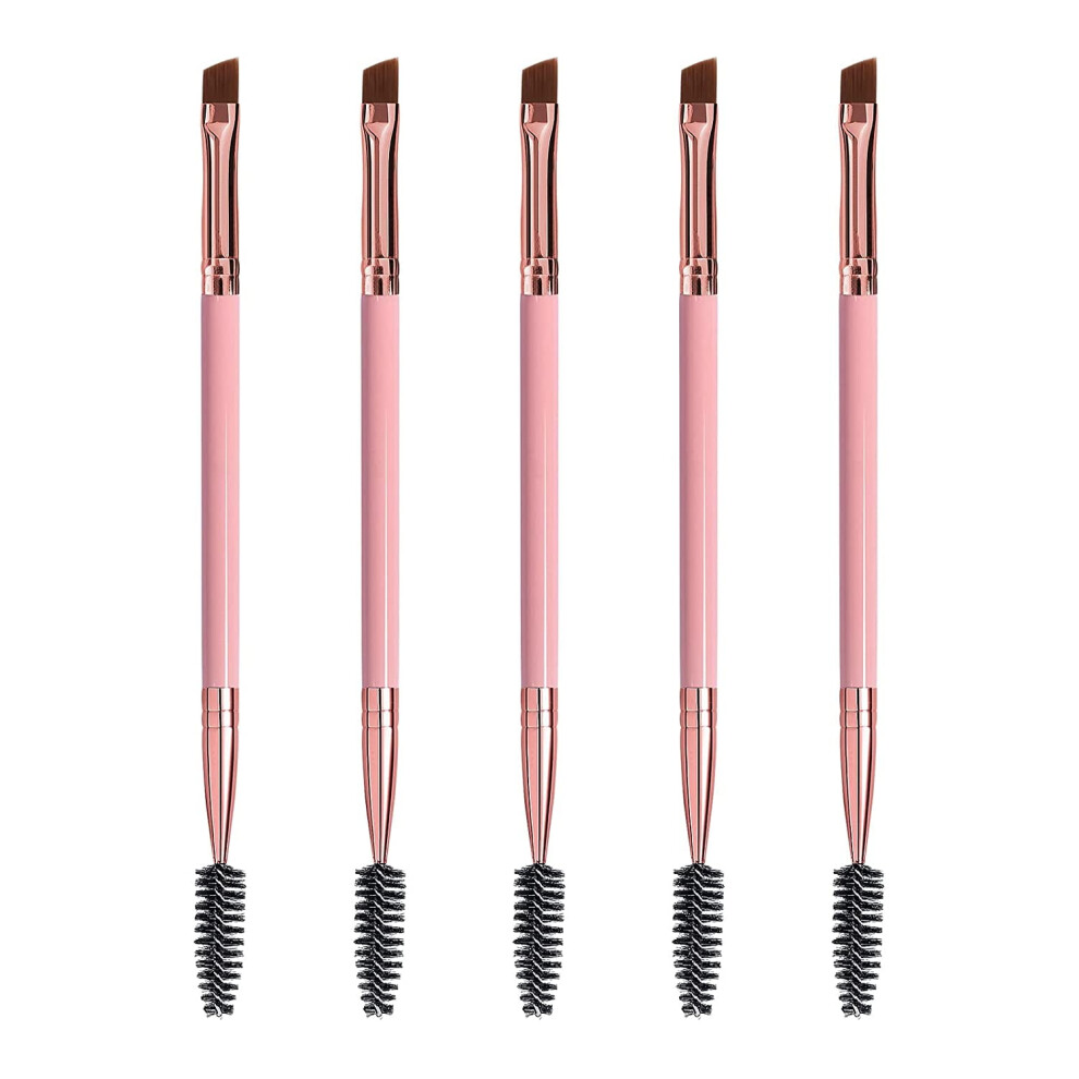 Pink Chuanquan Duo Eyebrow Brush, Spoolie Brush And Angled Brow Brush Eyelash Brush For Eye Makeup. (5Pcs, )