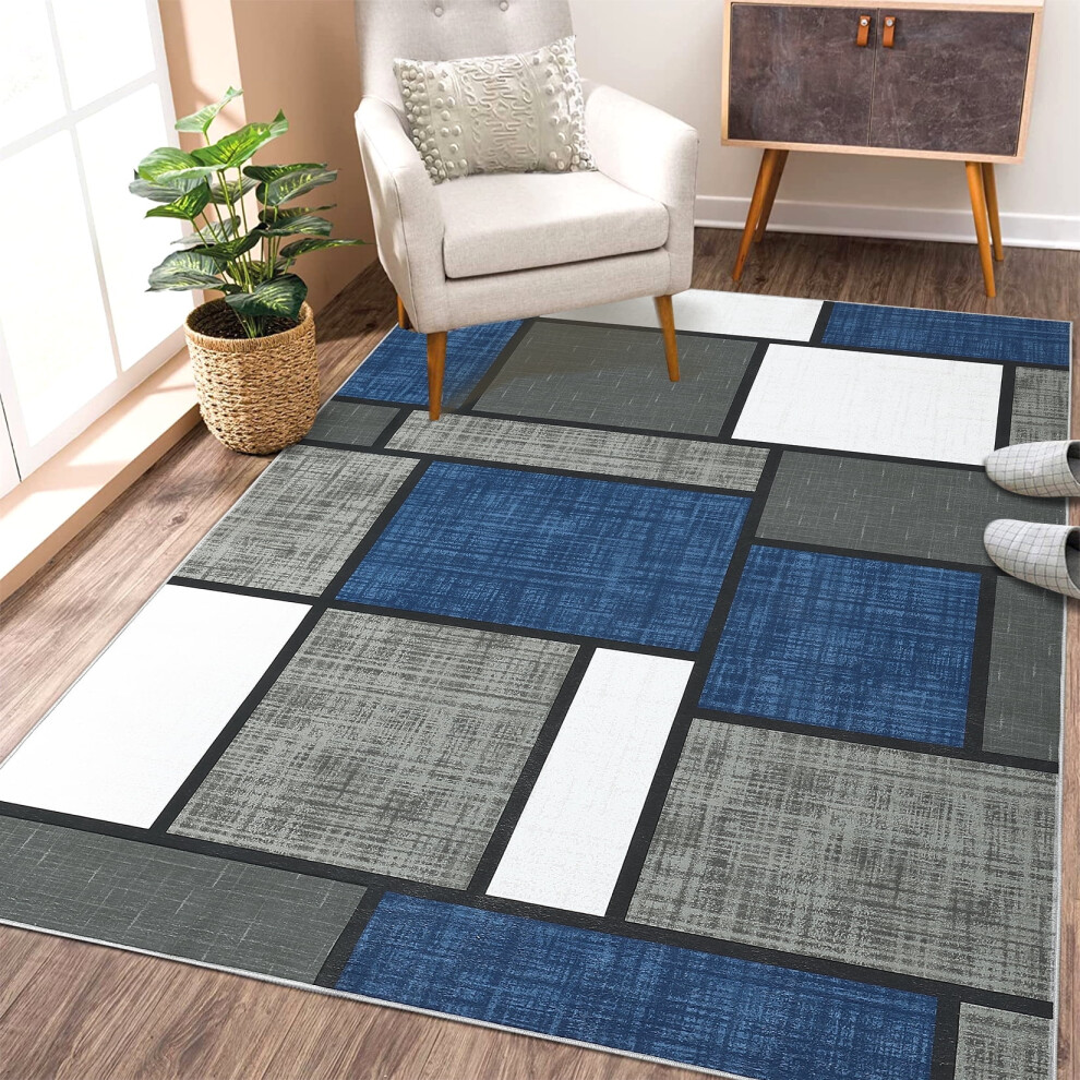 Garvee 4x6 Area Rug Modern Geometric Boxes Area Rug Low Pile Soft Foldable Print Rug, Navy Blue