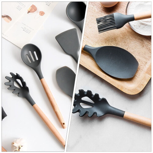 Eease Silicone Pasta Fork Wooden Handle Spaghetti Utensils Grey 2