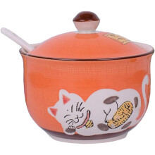 Ceramics Japanese Lucky Cat Sugar Bowl Salt Storage Jar with Lid And Spoon
