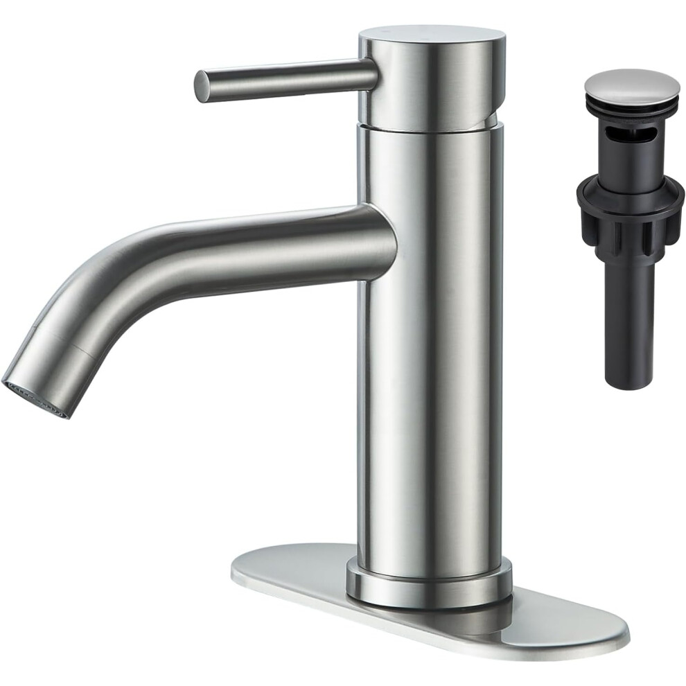 Bathroom Faucets, Brushed Nickel Single Hole Bathroom Sink Faucet Modern Single Handle Vanity Sink Faucet 1 Hole With 3 Hole Deck Plate, Pop Up Drain 9027700452077