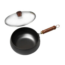 30cm Flat Bottom Wok Pan with Glass Lid and Wooden Handle for Chinese Cooking on Gas Stove