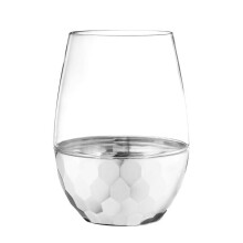 VeZee Disposable Plastic 16 Oz Clear Stemless Wine Goblets with Hammered Silver Design Pack of 12