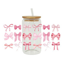 UV DTF Glass Cup Wrap Transfer, Pink Bow Stickers for Glass, Waterproof Decal for Mugs DIY Crafts, Gift for Women Mom Birthday, compatible with F6U8
