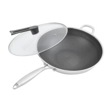 14 Inch Stainless Steel Wok Pan with Lid, Nonstick Honeycomb Texture, Gas and Induction Safe