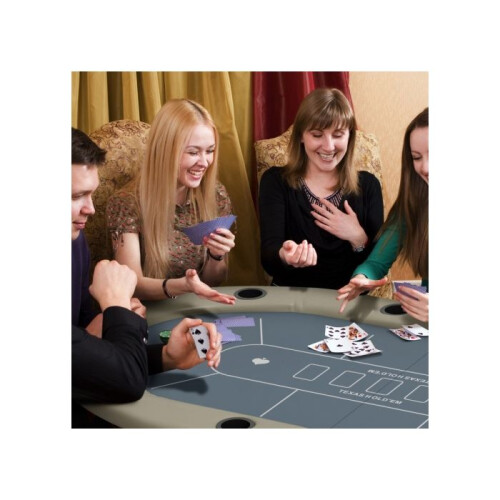 8 Player Folding Poker Table, with Cup Holders, Cushioning Edge, Brown and Blue 1