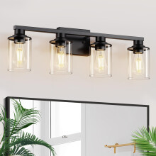4Light Bathroom Vanity Light with Clear Glass Shades, 27 Inch Modern Matte Black Fixture Over Mirror