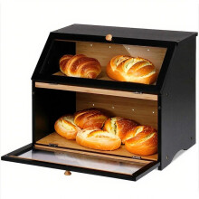 2Tier Wooden Bread Box with Glass Doors, Black and Natural Finish, Large Countertop Storage