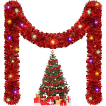 16.4 ft Christmas Prelit Tinsel Garland with 50 LED Lights, Battery Operated, Hanging Xmas Foil Garland for Tree, Wedding, Party Decor