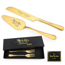 Gold Wedding Cake Knife and Server Set with Forks, Engraved Mr and Mrs, GiftReady 2025