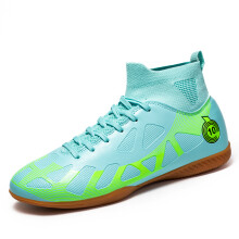 (SKY BLUE, 39) Unisex High-Top Indoor Flat-Soled Futsal Shoes, Anti-Slip Breathable Wear-Resistant Five-A-Side Training Cleats