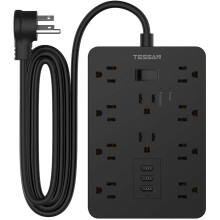 Surge Protector Flat Plug with 10 Ft Extension Cord, USB Power Strip with 10 Widely Spaced AC Outlets and 3