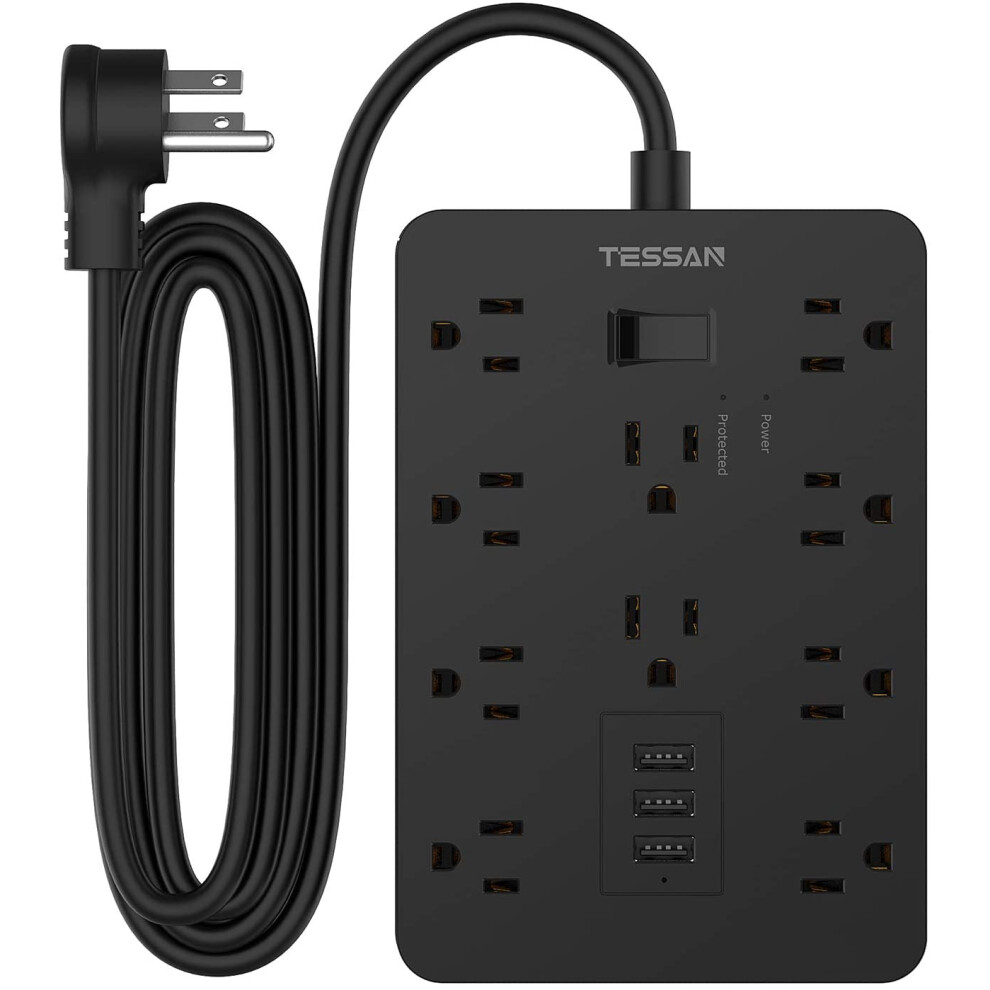 Surge Protector Flat Plug With 10 Ft Extension Cord, Usb Power Strip With 10 Widely Spaced Ac Outlets And 3 9027700470286