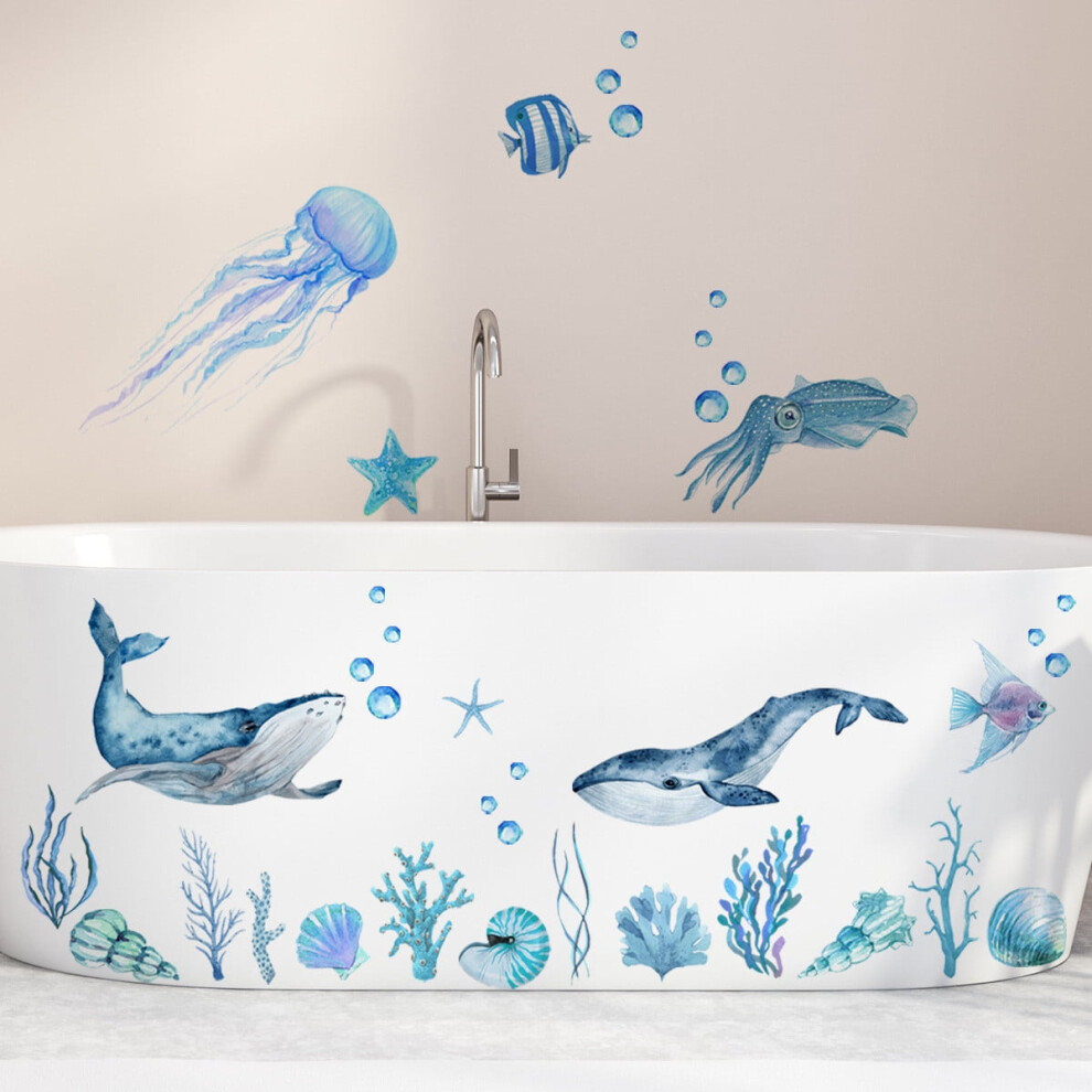 Large Under The Sea Wall Stickers, Ocean Creature Sea Life Decals with Jellyfish, Fish, Seaweed, Bubbles - Compatible with Kids' Nursery, Bedroom,