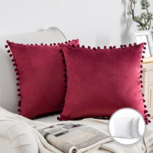 Phantoscope Pom Pom Velvet Series Decorative Throw Pillow, 22" x 22", Dark Red, 2 Pack