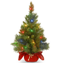 2 ft Mini Christmas Trees with Red Bow Base, LED Lights, 24" Decorated Burlap Artificial Tabletop Christmas Trees