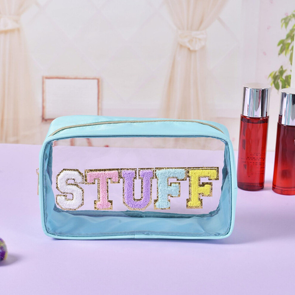 Chenille Letter Clear Makeup Bag, Large Preppy Patch Cosmetic Pouch with Zipper, Nylon & Transparent PVC Waterproof Toiletry Organizer for Women