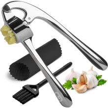 Garlic Press Set Stainless Steel RustProof Mincer with Soft Grip Handle and Silicone Peeler Silver