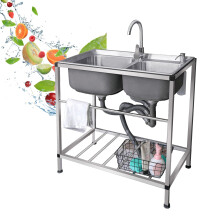 Outdoor Utility Sink Stainless Steel Double Bowl with Shelf for Garden Backyard Garage