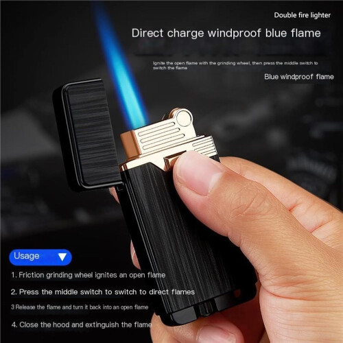 Torch Lighter Blue Dual Flame Windproof Refillable Butane Jet with Adjustable Flame for BBQ Camping 1
