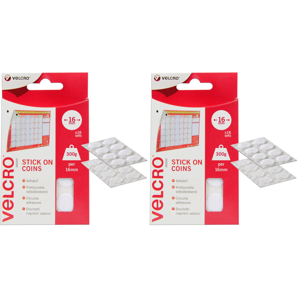 Velcro Brand Stick On Coins Double Sided Hook & Loop Self Adhesive Sticky Coins Perfect For Room Décor & Home, Office, Garage Use 16Mm X 16Mm S White
