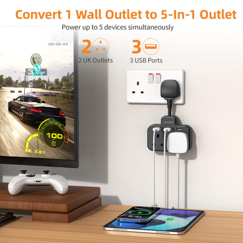 Double Plug Adaptor with USB, 2 Way Wall Adapter with Short Extension Lead, Multi Plug Socket Extender For Home Office (Black) 1