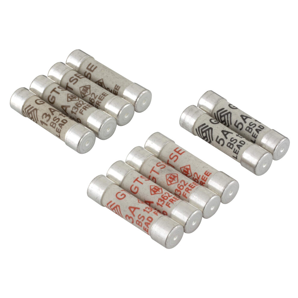 Gtse Mixed Pack Of Electrical Fuses, Pack Of 10, Household Domestic Mains Plug Ceramic Fuses, 240V, Bs 1362 Compliant, 3A 5A 13A 41860472