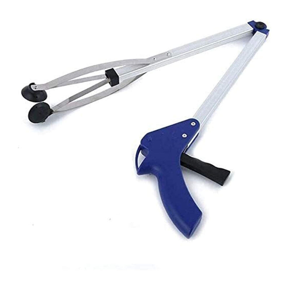Blue/Silver Folding Alloy Trash Picker With Long Reach Ergonomic Grip For Garden, Home And Litter Cleanup
