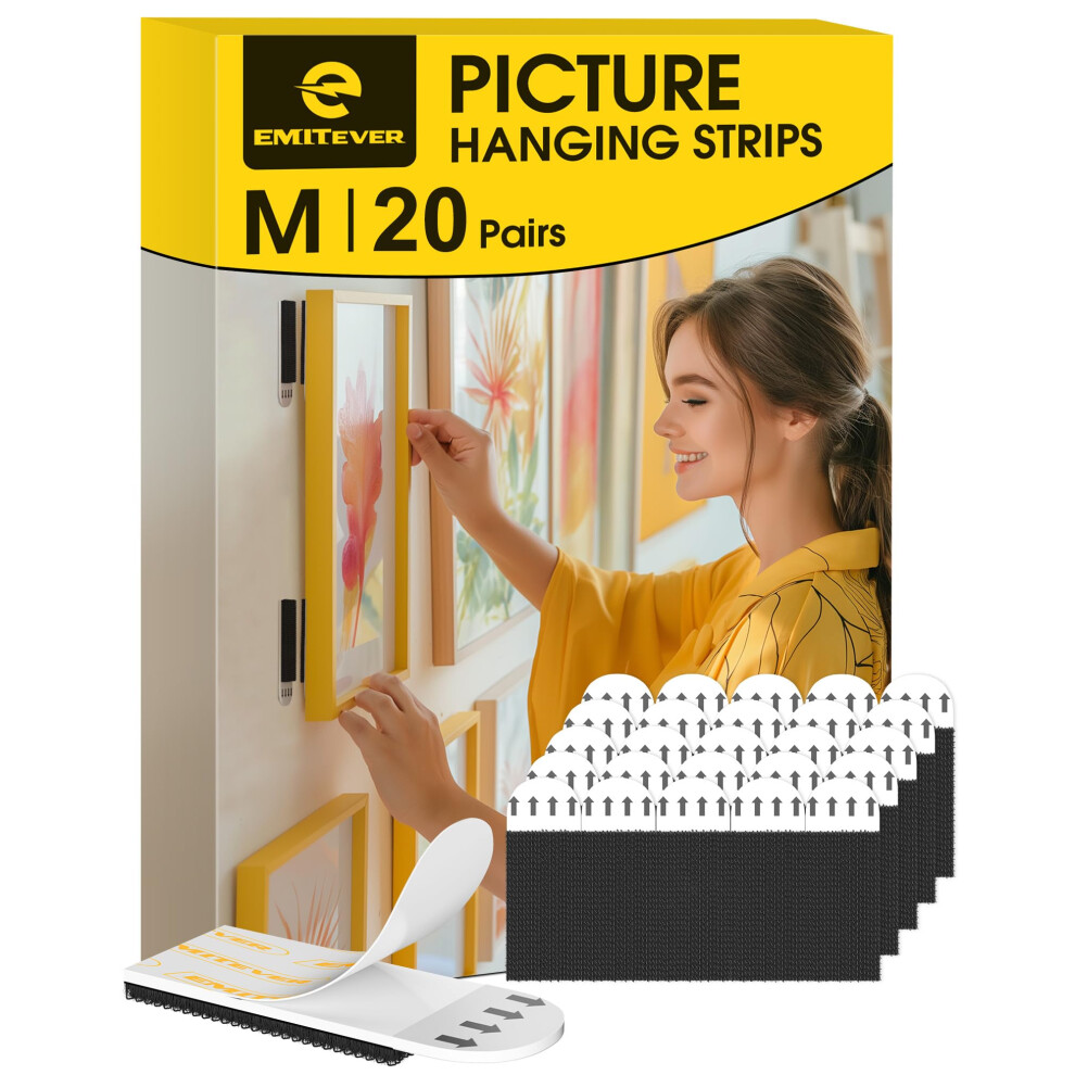 Emitever Picture Hanging Strips Heavy Duty M-20 Pairs (40 Strips), Holds Up To 5.4 Kg, No Damage Picture Adhesive Strips, Hook And Loop Mounting Tape 50821709