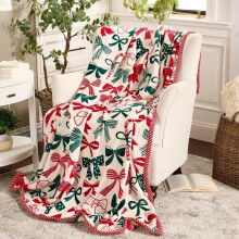 Christmas Flannel Throw Blanket with Candy Cane and Bow, Soft Warm Holiday Décor for Sofa and Bed, Beige 50x60in