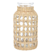 Small Clear Glass Flower Vase with Rattan Cover for Farmhouse Decor and Floral Arrangements 3.2x6.2in