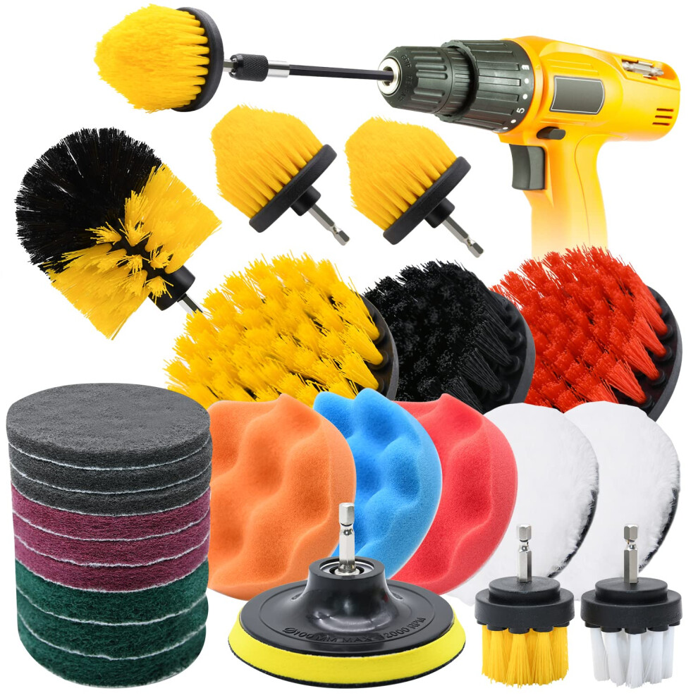 Drill Scrub Brush Set, 24Pcs 1/4In Power Scrubber With 1Pcs Extend Long Attachment, For Showers, Tubs, Bathroom, Tile, Grout, Carpet 88107684