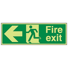 V Safety 14003BJ-G Glow In The Dark Fire Exit Arrow Left Sign - 450mm x 150mm - Rigid Plastic, Green