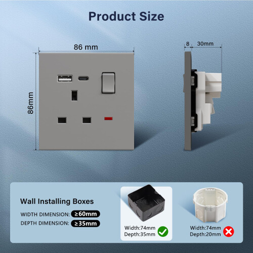 BSEED Single Socket with USB C 5 Pack, Electrical Single Switched Power Plug Wall Socket with LED Indicator, PC Wall Plate Outlet, Grey, 13A 1